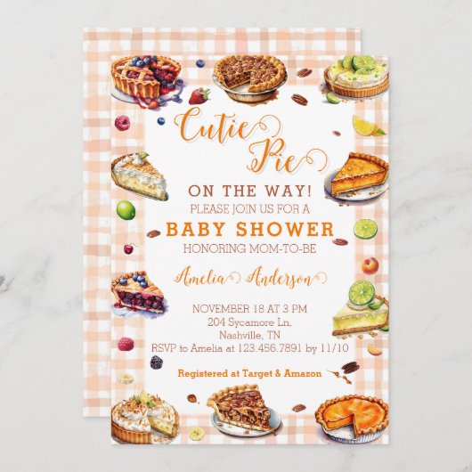 Waterverf Cutie Pie Sinaasappel Gingham Baby showe Kaart (Voorkant / Achterkant)