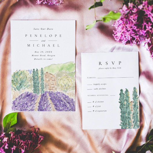 Waterverf Cypress Trees Wedding RSVP Kaartje