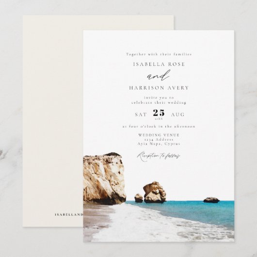 Waterverf Cyprus Aphrodite Beach Ocean Wedding Kaart (Voorkant / Achterkant)