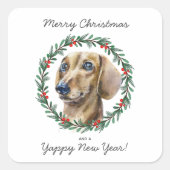 Waterverf Dachshund Dog Vrolijk Kerstkrans Vierkante Sticker (Voorkant)