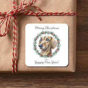Waterverf Dachshund Dog Vrolijk Kerstkrans Vierkante Sticker