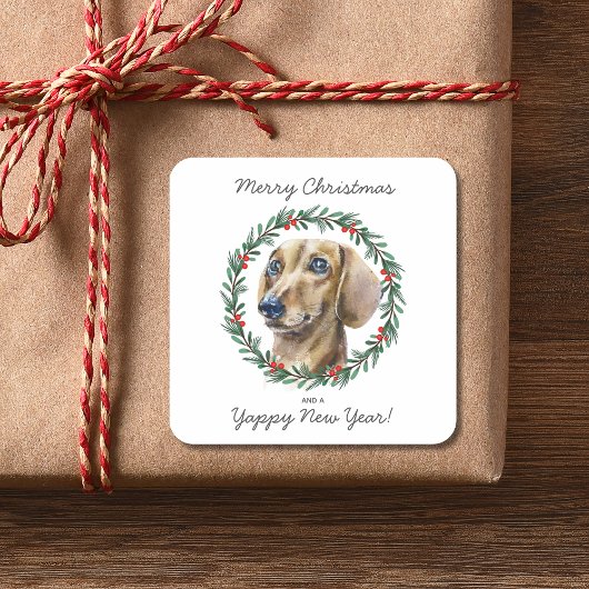Waterverf Dachshund Dog Vrolijk Kerstkrans Vierkante Sticker