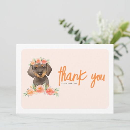 Waterverf Dachshund en Perzikbloemen Verjaardag Bedankkaart (Staand voorkant)