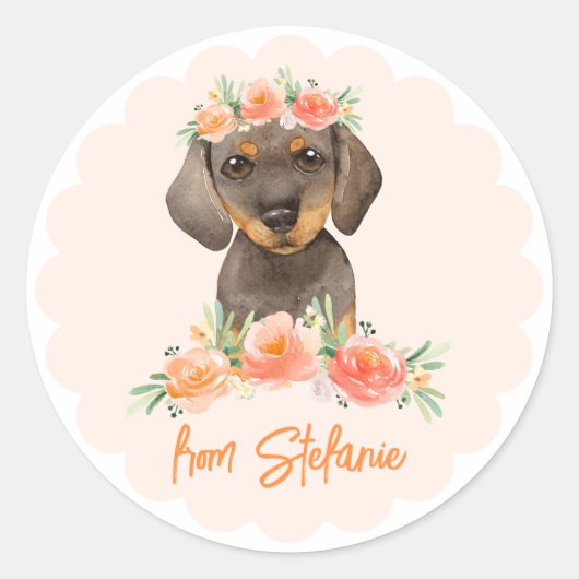 Waterverf Dachshund en Perzikbloemen Verjaardag Ronde Sticker (Voorkant)