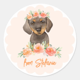 Waterverf Dachshund en Perzikbloemen Verjaardag Ronde Sticker