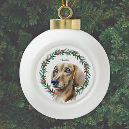 Waterverf Dachshund Holiday Wreath gepersonaliseer Keramische Bal Ornament