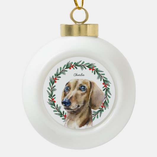 Waterverf Dachshund Holiday Wreath gepersonaliseer Keramische Bal Ornament (Voorkant)