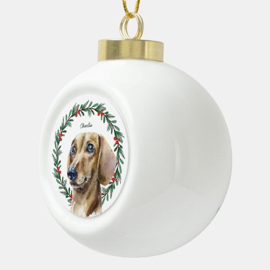 Waterverf Dachshund Holiday Wreath gepersonaliseer Keramische Bal Ornament (Rechts)