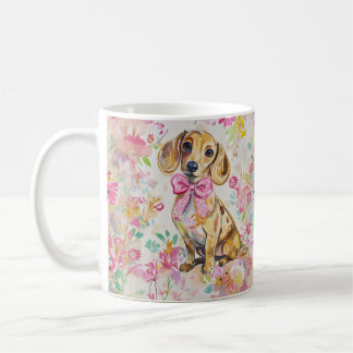 Waterverf Dachshund Koffiemok Roze Bloemen