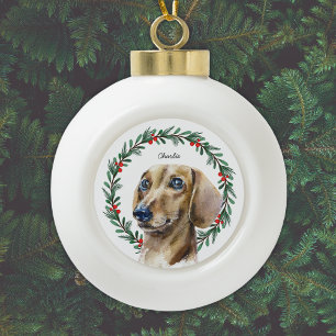 Waterverf Dachshund Monogram Naam Vakantie krans Keramische Bal Ornament