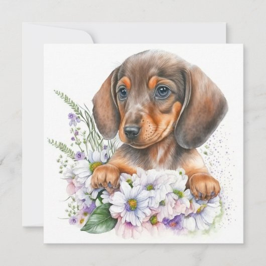  Waterverf Dachshund Puppy Floral (Voorkant)