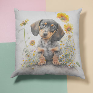 Waterverf Dachshund Puppy Floral Sierkussen