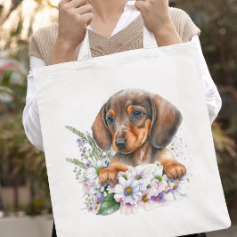  Waterverf Dachshund Puppy Floral Tote Bag