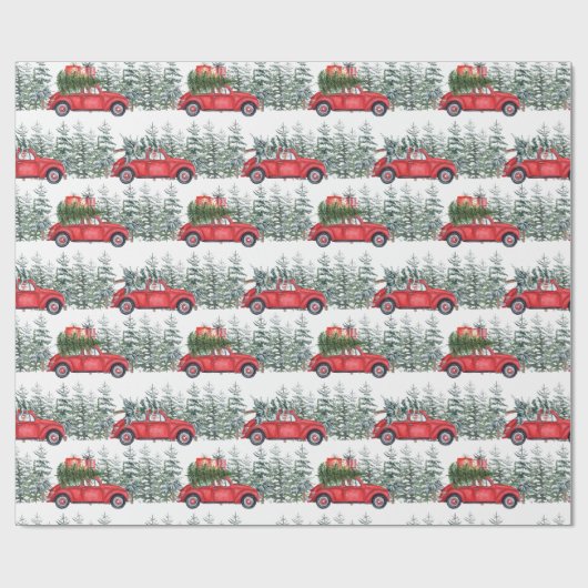 Waterverf Dachshund Red Car Winterforest Pattern Cadeaupapier (Vlak)