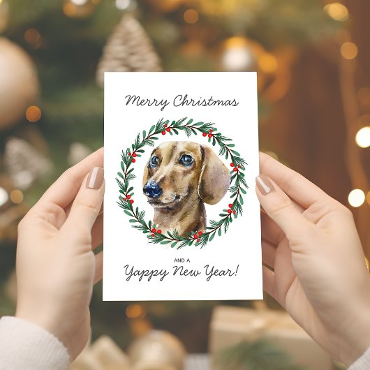 Waterverf Dachshund Vakantie krans Kerstmis Kaart