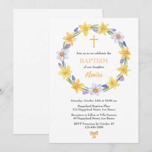 Waterverf Daffodil Wreatbaptisme Kaart (Voorkant / Achterkant)