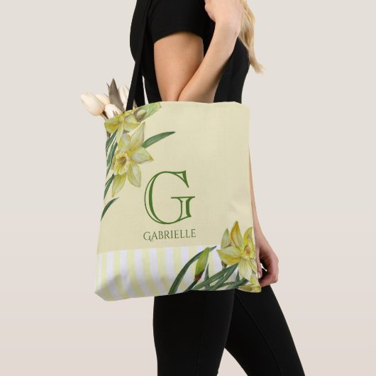 Waterverf Daffodils bloemenportret monogram Tote Bag (Dichtbij)
