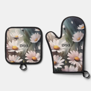 Waterverf Daisies Aangepaste naam Ovenwant & Pannenlap Set