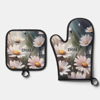 Waterverf Daisies Aangepaste naam Ovenwant & Pannenlap Set