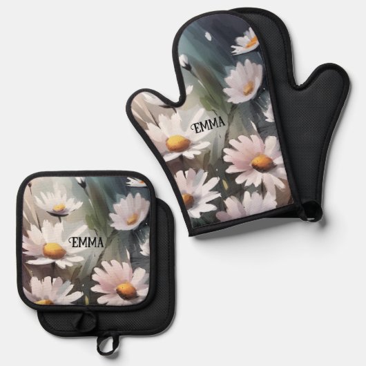 Waterverf Daisies Aangepaste naam Ovenwant & Pannenlap Set (Voorkant / Achterkant)