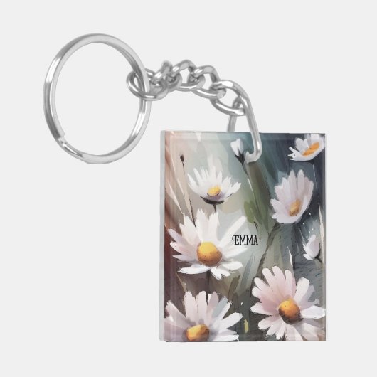 Waterverf Daisies Aangepaste Naam Tekst Sleutelhanger (Voorkant Links)