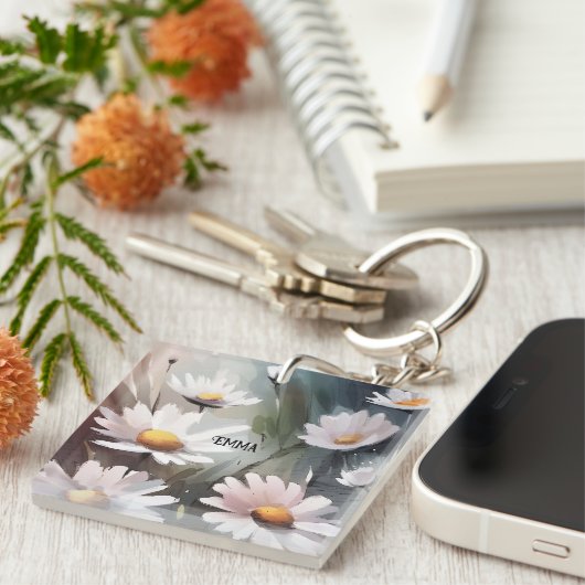 Waterverf Daisies Aangepaste Naam Tekst Sleutelhanger (Voorkant Rechts)