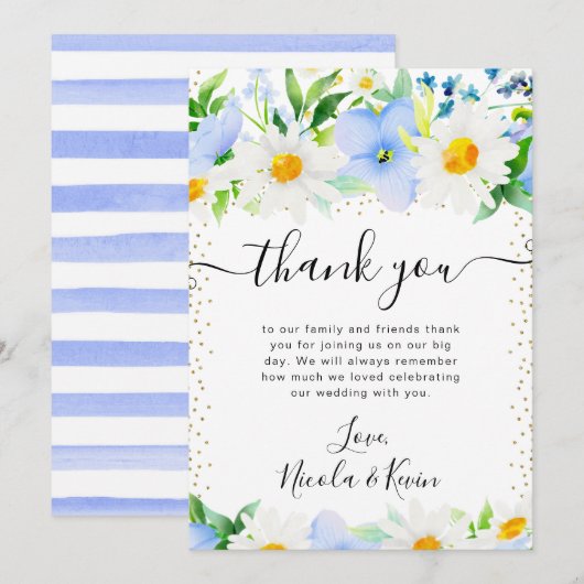 Waterverf Daisies en Blue Flowers Bruiloft Bedankkaart (Voorkant / Achterkant)