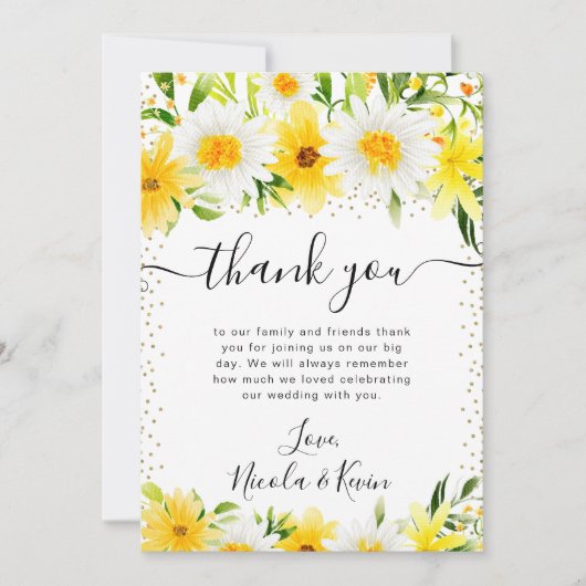 Waterverf Daisies en Yellow Flowers Bruiloft Bedankkaart (Voorkant)