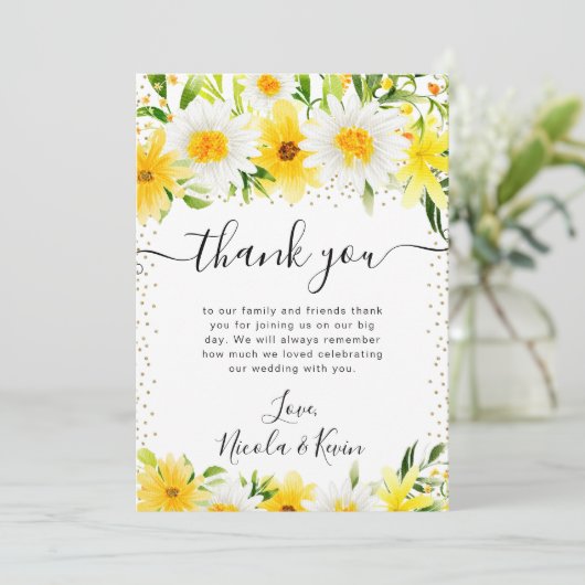 Waterverf Daisies en Yellow Flowers Bruiloft Bedankkaart (Staand voorkant)