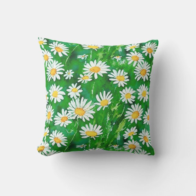 Waterverf Daisies in een Groen Veld Buitenkussen (Voorkant)