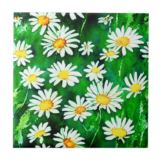 Waterverf Daisies in een Groen Veld Tegeltje (Voorkant)