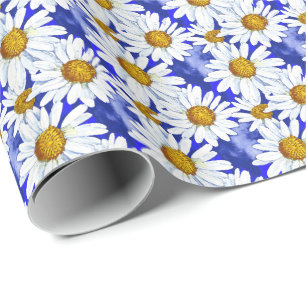 Waterverf Daisies op Denim Blue Cadeaupapier