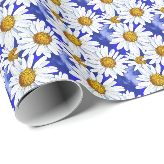 Waterverf Daisies op Denim Blue Cadeaupapier (Rol Hoek)