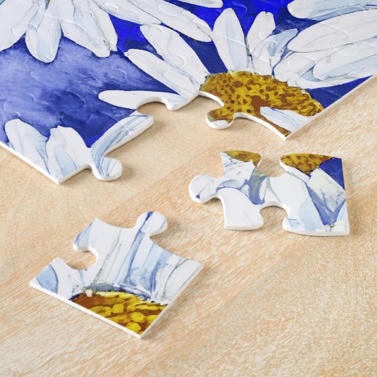 Waterverf Daisies op Denim Blue Legpuzzel (Zijkant)