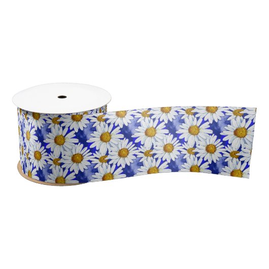 Waterverf Daisies op Denim Blue Satijnen Lint (Spoel)