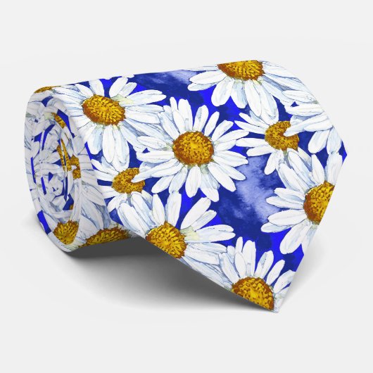 Waterverf Daisies op Denim Blue Stropdas (Opgerold)