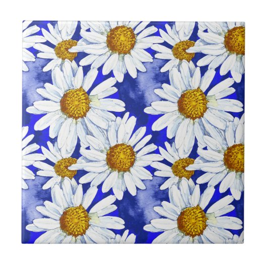 Waterverf Daisies op Denim Blue Tegeltje (Voorkant)