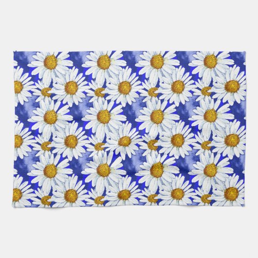Waterverf Daisies op Denim Blue Theedoek (Horizontaal)
