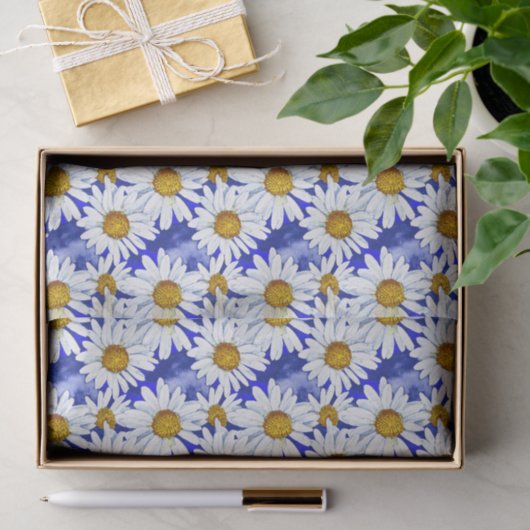 Waterverf Daisies op Denim Blue Tissuepapier (Geschenk)