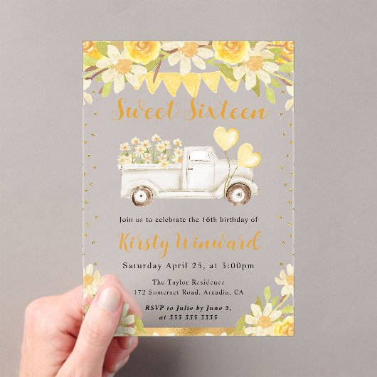 Waterverf Daisies Truck and Flowers Sweet Sixteen Acryl Uitnodigingen (Insitu (Draagbaar))