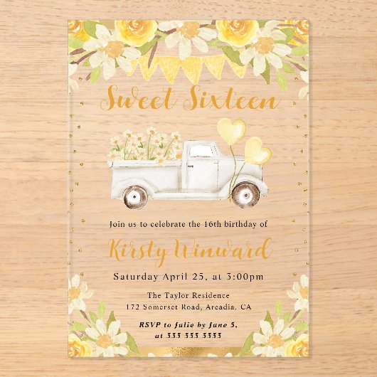 Waterverf Daisies Truck and Flowers Sweet Sixteen Acryl Uitnodigingen (Voorkant)