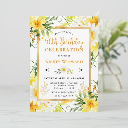 Waterverf Daisies & Yellow Flowers 50ste verjaarda Kaart (Staand voorkant)