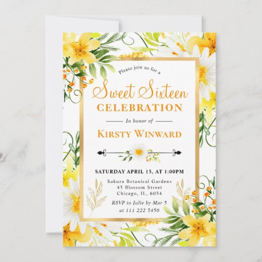 Waterverf Daisies & Yellow Flowers Sweet 16 Kaart (Voorkant)