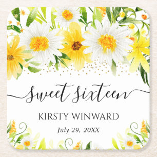 Waterverf Daisies & Yellow Flowers Sweet Sixteen Kartonnen Onderzetters