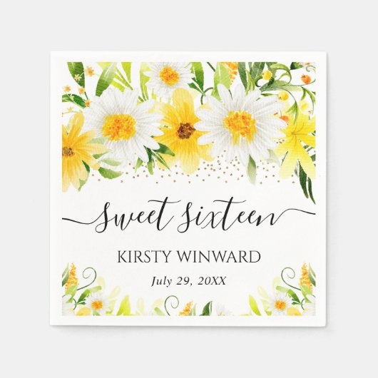 Waterverf Daisies & Yellow Flowers Sweet Sixteen Servet (Voorkant)