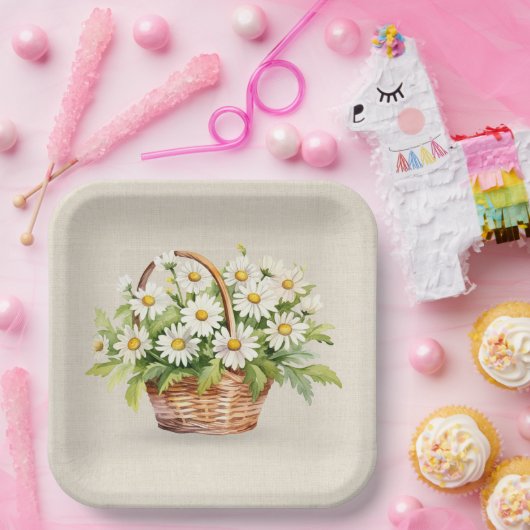 Waterverf Daisy boeket in mand Papieren Bordje (Feest)