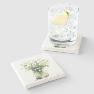 Waterverf Daisy boeket in Mason Jar Stenen Onderzetter