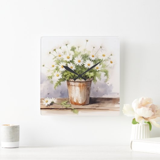 Waterverf Daisy Boeket in Pot Vierkante Klok (Huis)