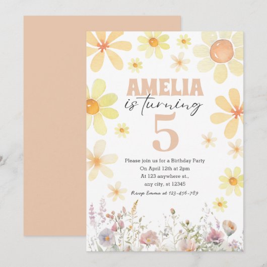 Waterverf Daisy Desert Sand Verjaardagsuitnodiging Kaart (Voorkant / Achterkant)