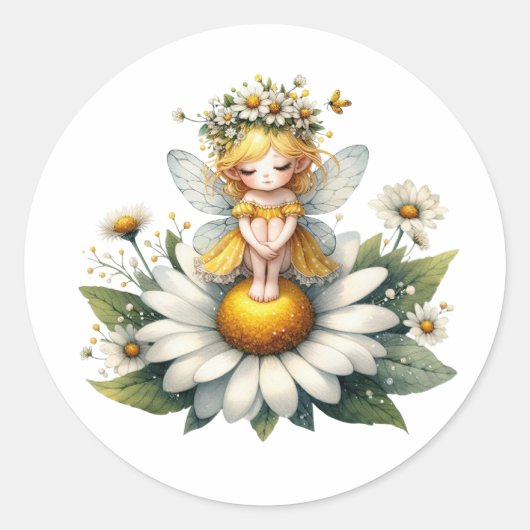 Waterverf Daisy Fairy Ronde Sticker (Voorkant)